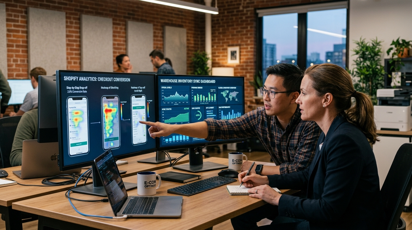 E-Commerce Brand Director and Conversion Engineer reviewing checkout heatmaps