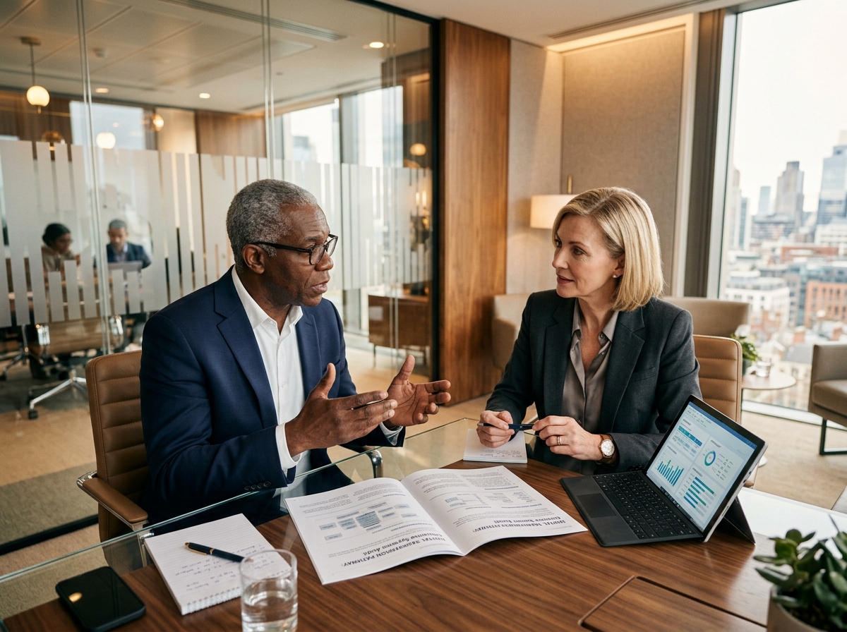 Involve Technologies Principal Consultant Reviewing Systems Diagnostic With Executive Client
